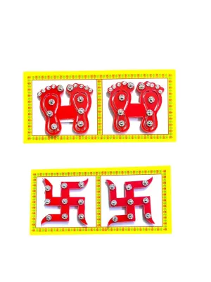 Acrylic Plastic Swastik Sticker & laxmi charan paduka for Door (Red, Small) Diwali Decoration Laxmi Ji Ganesh Ji Pujan Set