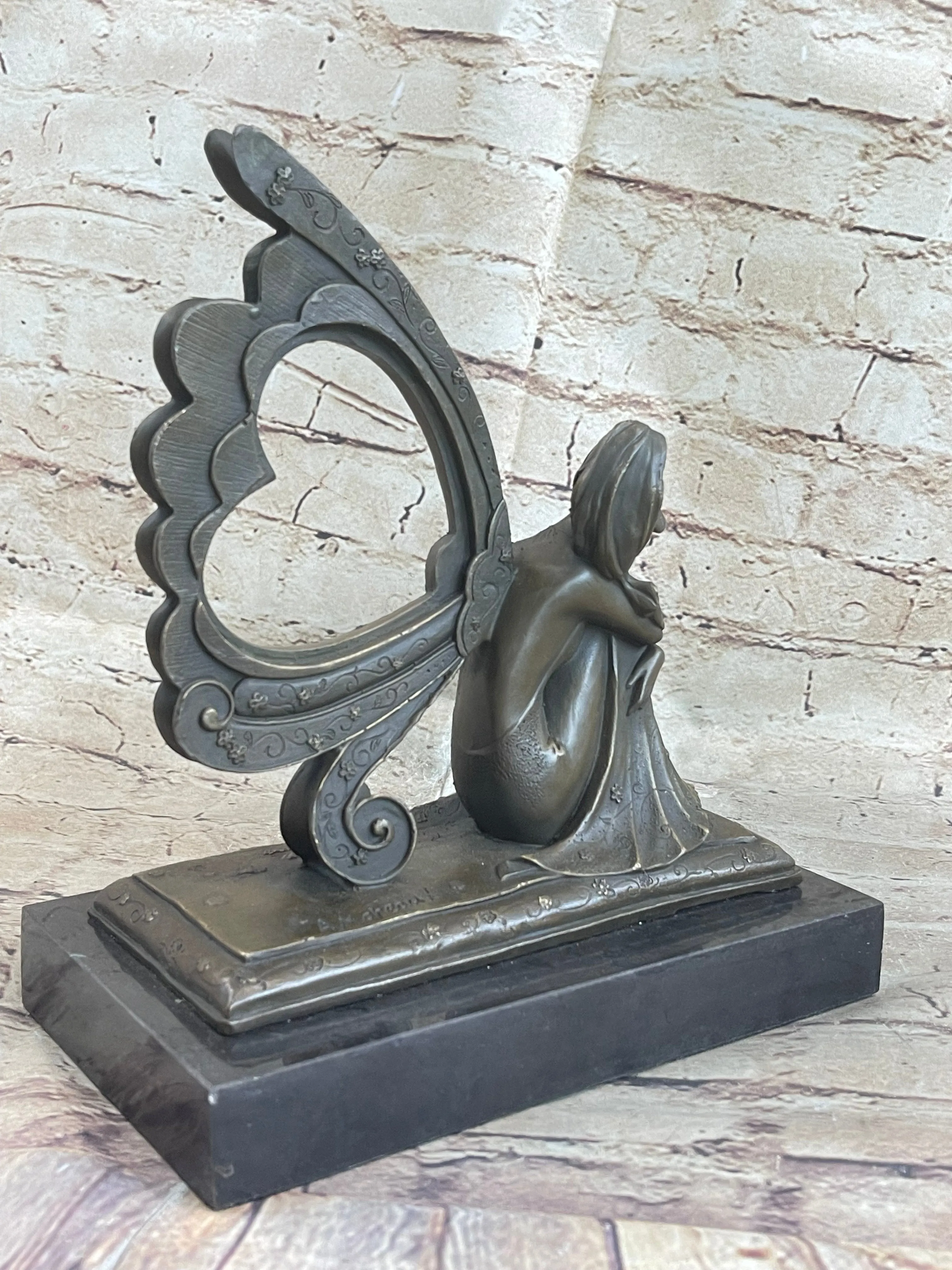 Angel Memorial Picture Holder Frame Bronze Statue Sculpture 19" x 8"