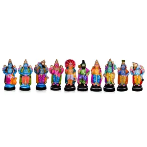 Dasavatharam Clay Golu Bommai Set - 9 x 3 Inches | Giri Golu Doll/ Navaratri Golu Bomma/Gombe/Bommai