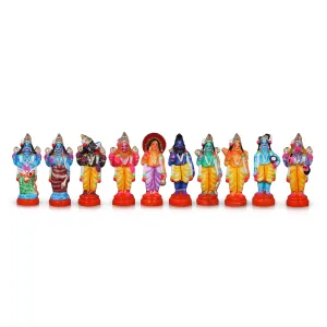 Dasavatharam Clay Golu Bommai Set - 9 x 3.5 Inches | Giri Golu Doll/ Navaratri Golu Bomma/Gombe/Bommai