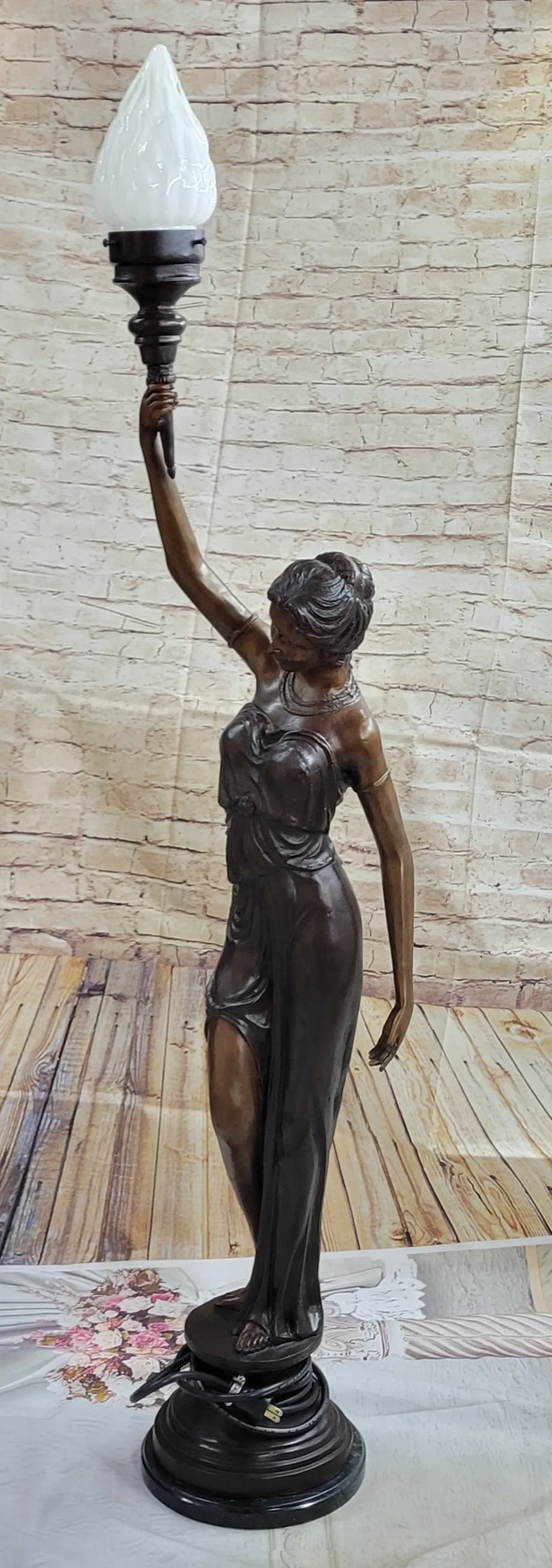 Girl Woman Holding Torch French Electric Table Lamp Bronze Statue Moreau 51" x 13"