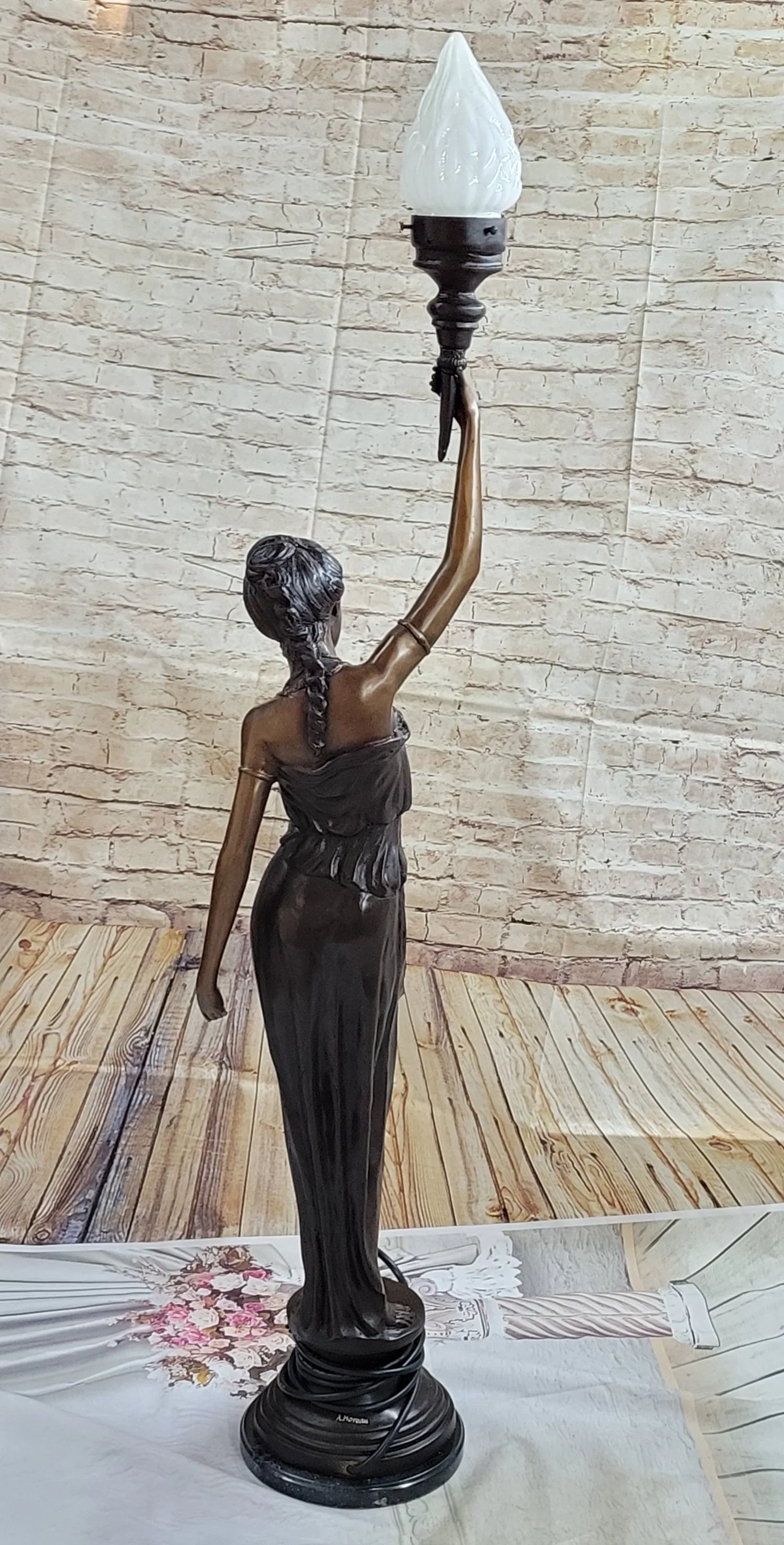 Girl Woman Holding Torch French Electric Table Lamp Bronze Statue Moreau 51" x 13"