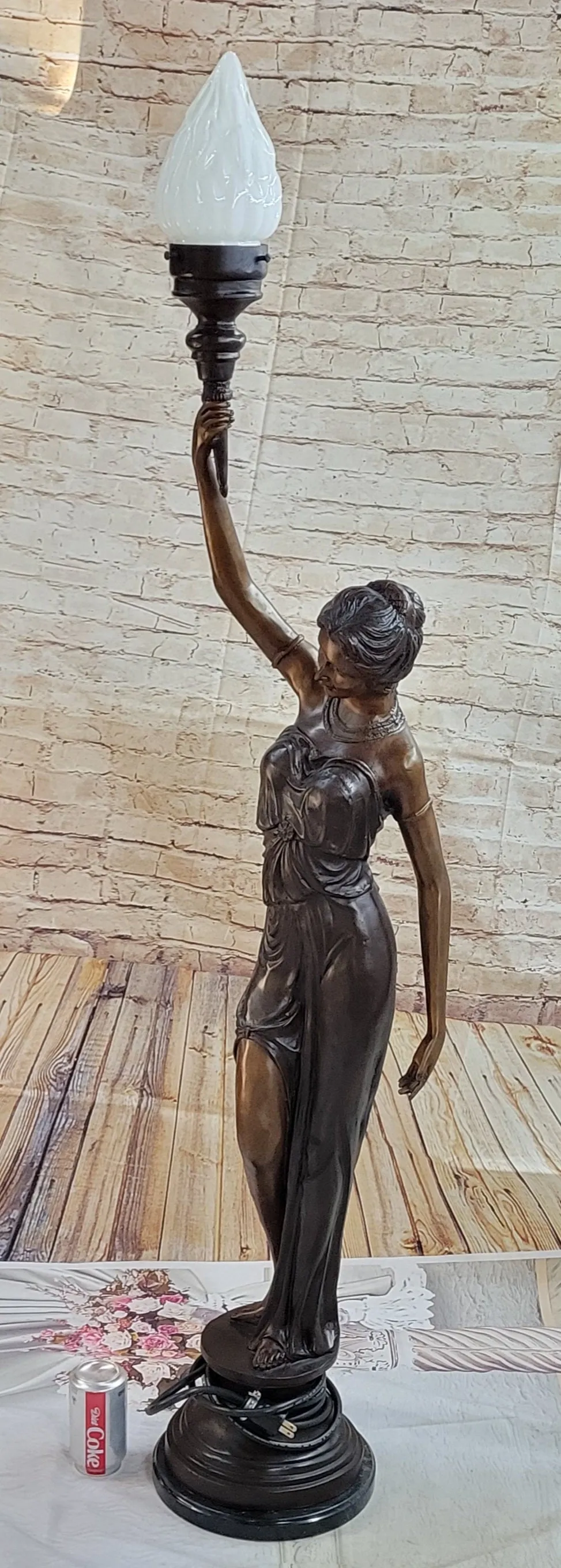 Girl Woman Holding Torch French Electric Table Lamp Bronze Statue Moreau 51" x 13"