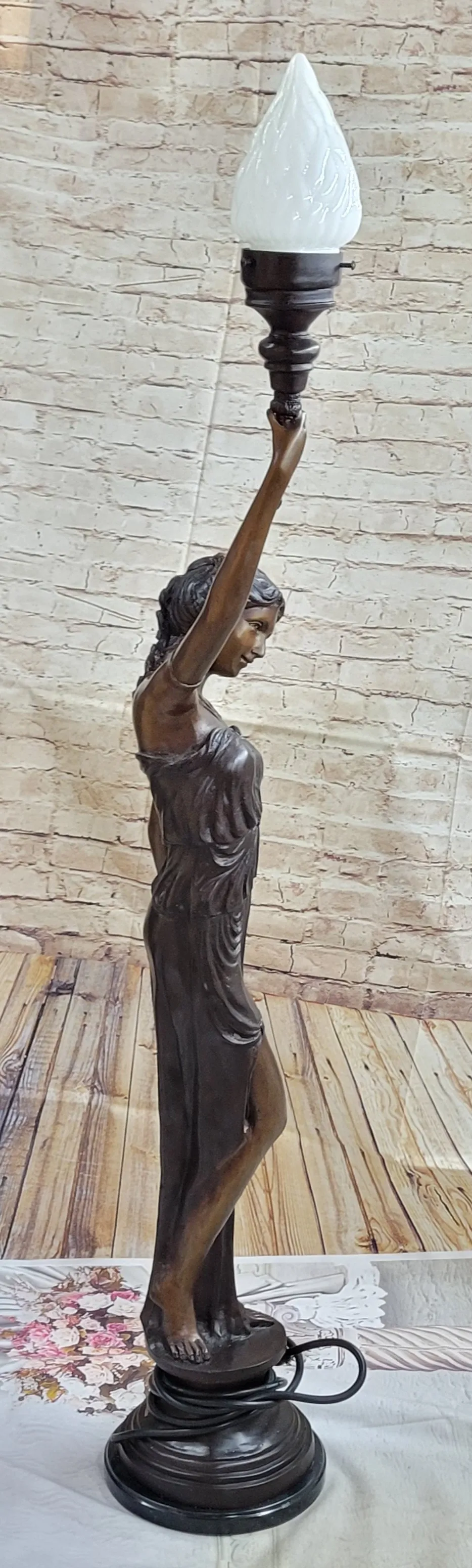 Girl Woman Holding Torch French Electric Table Lamp Bronze Statue Moreau 51" x 13"