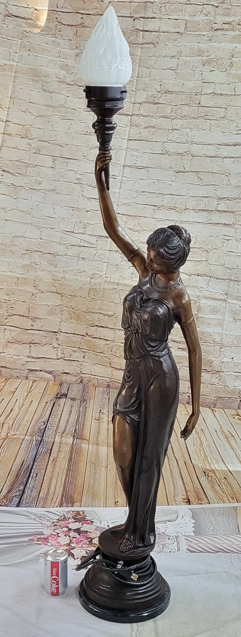 Girl Woman Holding Torch French Electric Table Lamp Bronze Statue Moreau 51" x 13"