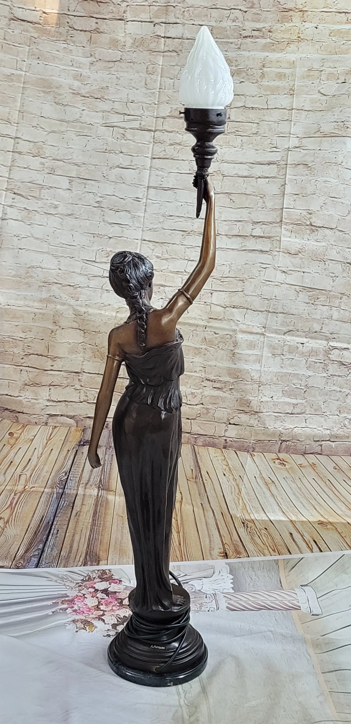 Girl Woman Holding Torch French Electric Table Lamp Bronze Statue Moreau 51" x 13"