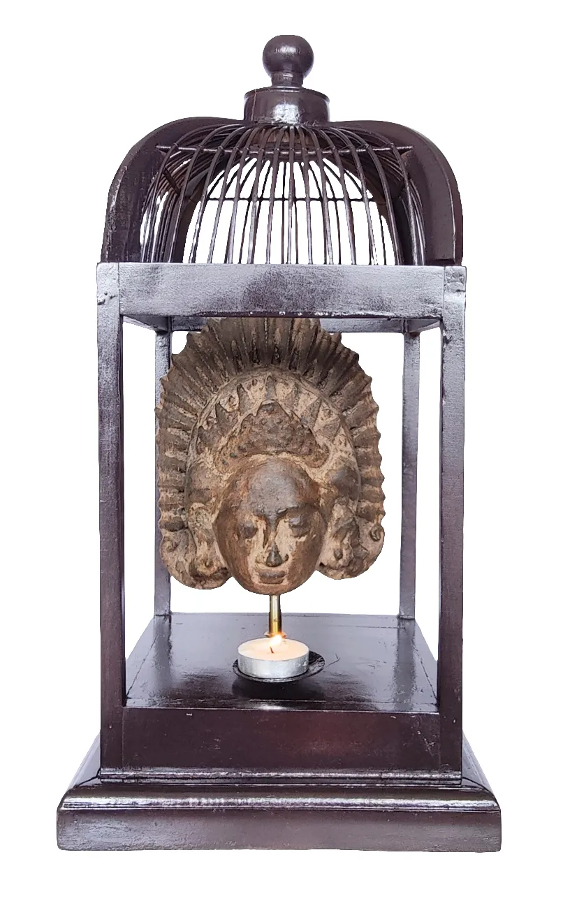 Home Decor: Table Accent - T Light Holder. Unique Stone Dewi Sri Bust Mounted in a open Bird Cage Frame.