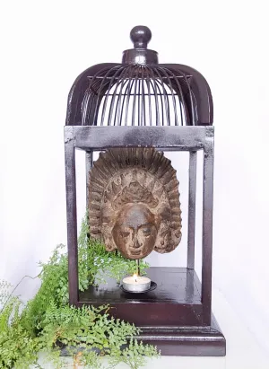 Home Decor: Table Accent - T Light Holder. Unique Stone Dewi Sri Bust Mounted in a open Bird Cage Frame.