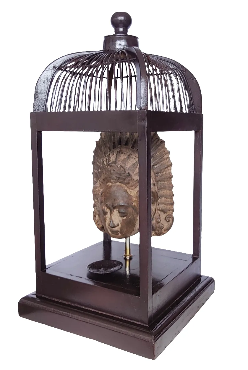 Home Decor: Table Accent - T Light Holder. Unique Stone Dewi Sri Bust Mounted in a open Bird Cage Frame.
