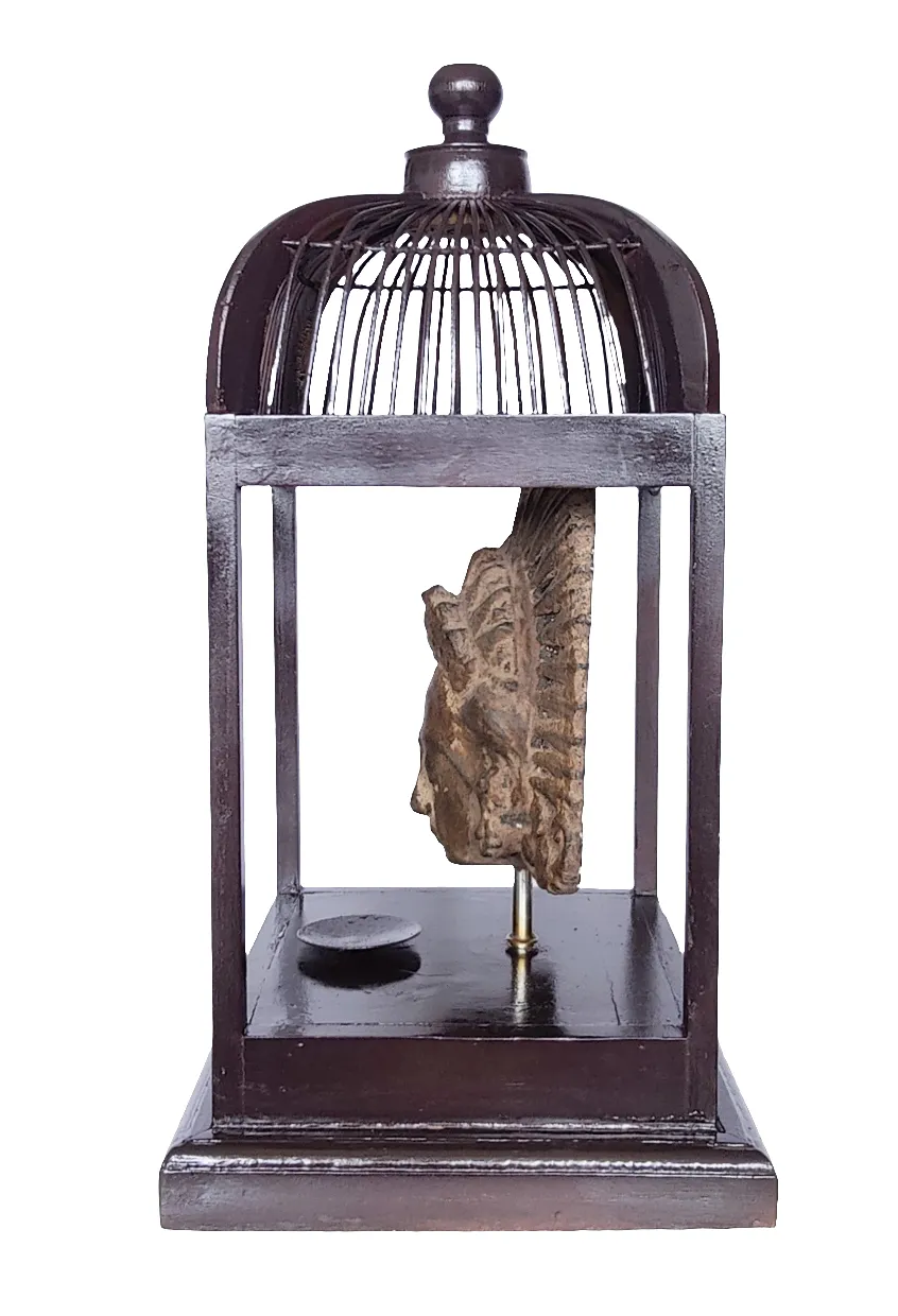 Home Decor: Table Accent - T Light Holder. Unique Stone Dewi Sri Bust Mounted in a open Bird Cage Frame.