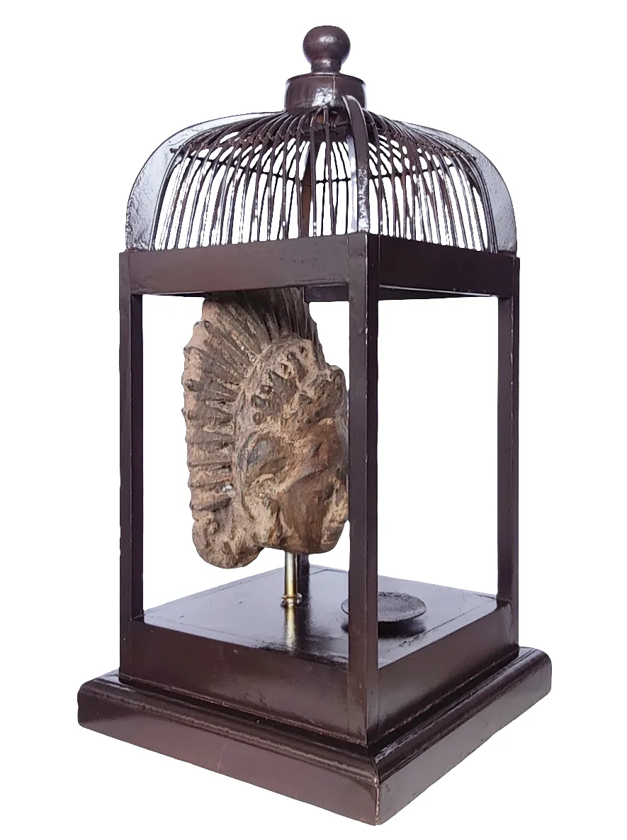 Home Decor: Table Accent - T Light Holder. Unique Stone Dewi Sri Bust Mounted in a open Bird Cage Frame.
