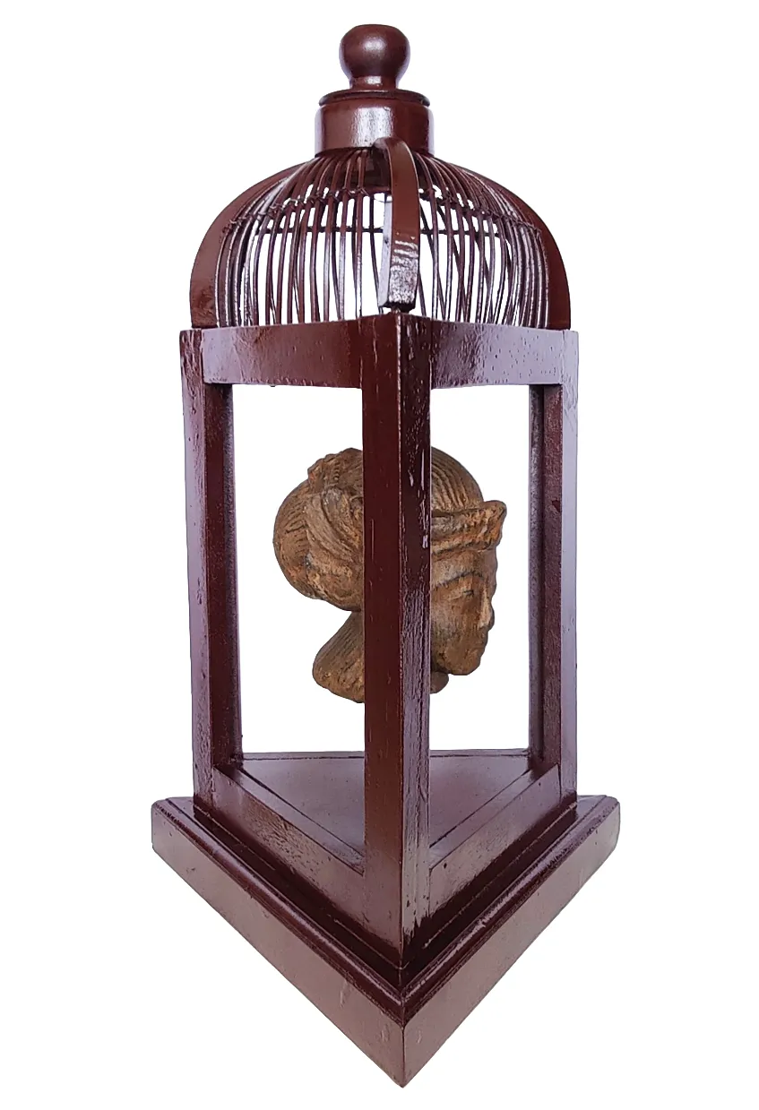 Home Decor: Table Accent. Unique Stone Dewi Bust Mounted in a open Bird Cage Frame.