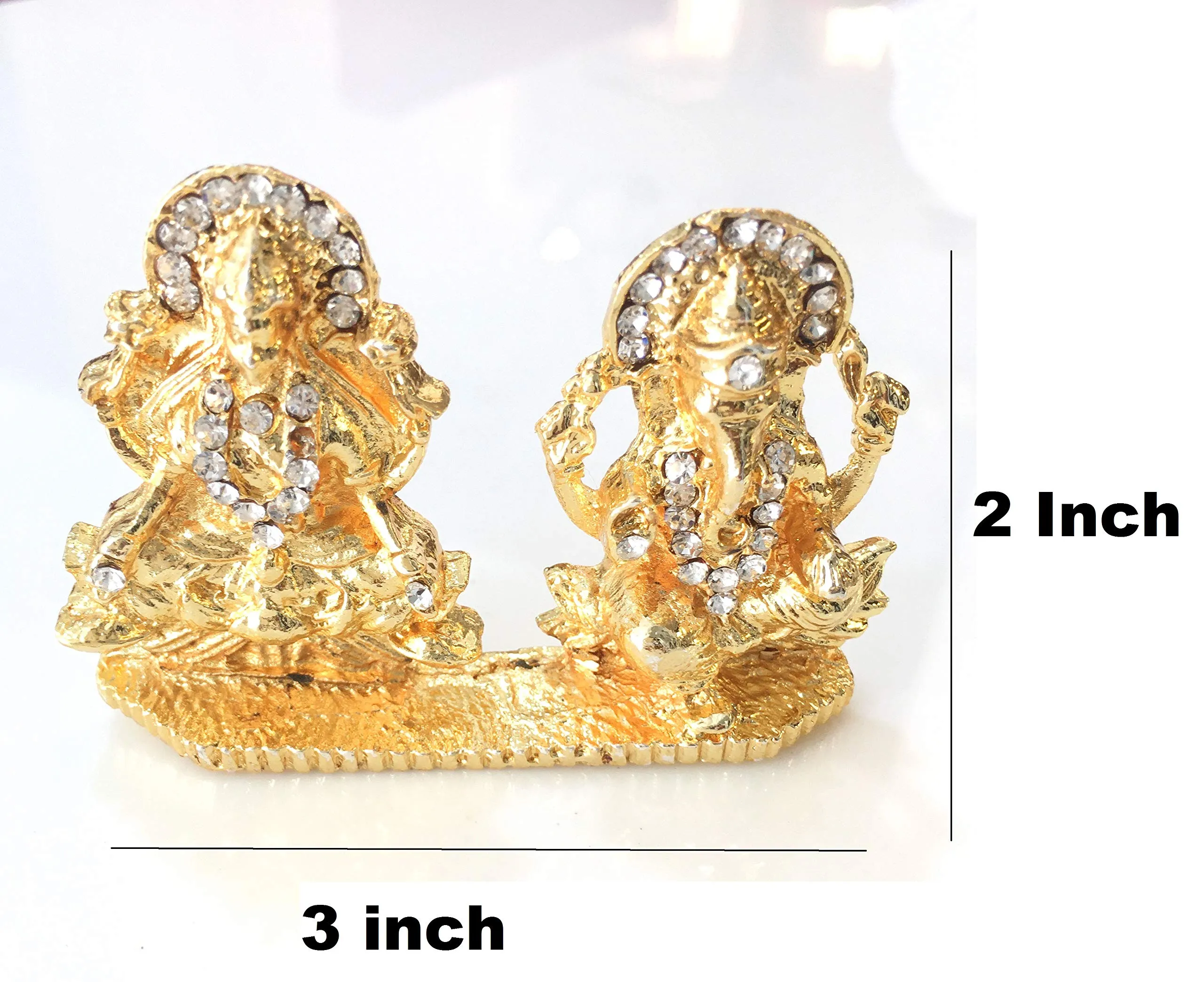 Itiha Goddess Lakshmi / Shri Lakshmi / Lakshmiji / Goddess of Wealth with Ganesha / Ganpati / Lakshmi Ganesha Golden Statue for Home Temple or Car Dashboard -2.5 inch