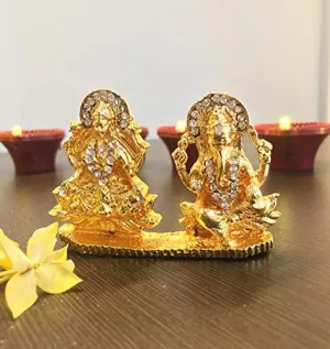 Itiha Goddess Lakshmi / Shri Lakshmi / Lakshmiji / Goddess of Wealth with Ganesha / Ganpati / Lakshmi Ganesha Golden Statue for Home Temple or Car Dashboard -2.5 inch
