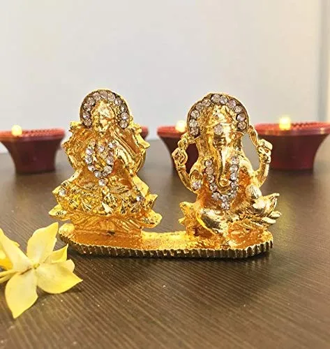 Itiha Goddess Lakshmi / Shri Lakshmi / Lakshmiji / Goddess of Wealth with Ganesha / Ganpati / Lakshmi Ganesha Golden Statue for Home Temple or Car Dashboard -2.5 inch